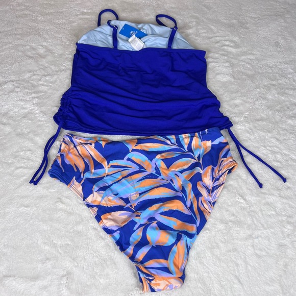 Cupshe Blue Ribbed Tankini Set Tropical Leaf High Waist Bikini Size Large NWT - Picture 6 of 13